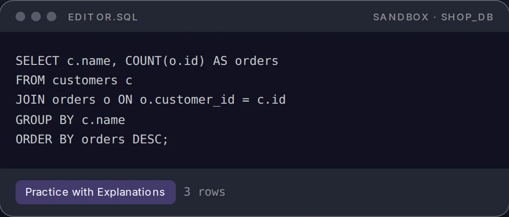 Navik in-browser SQL editor with a query and results